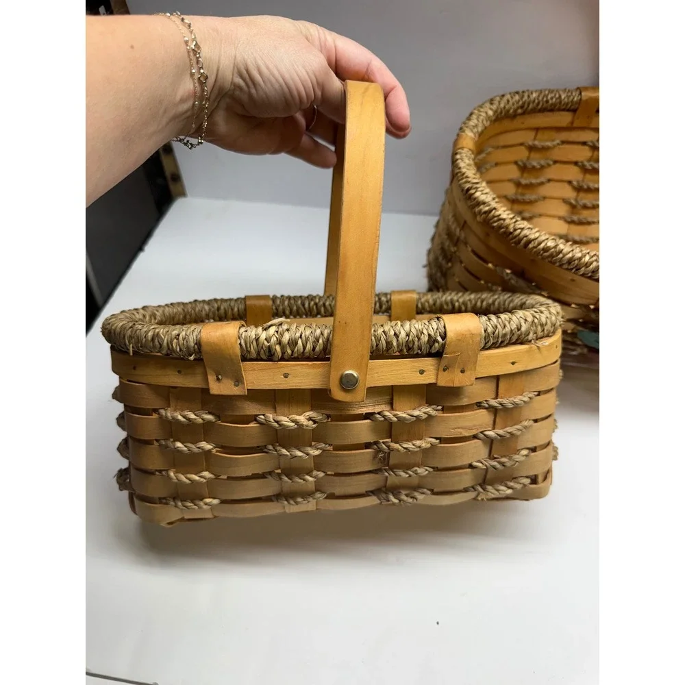 Set of 2 Woven Wood Apple Baskets Rustic Farmhouse Decor with Rope Accents